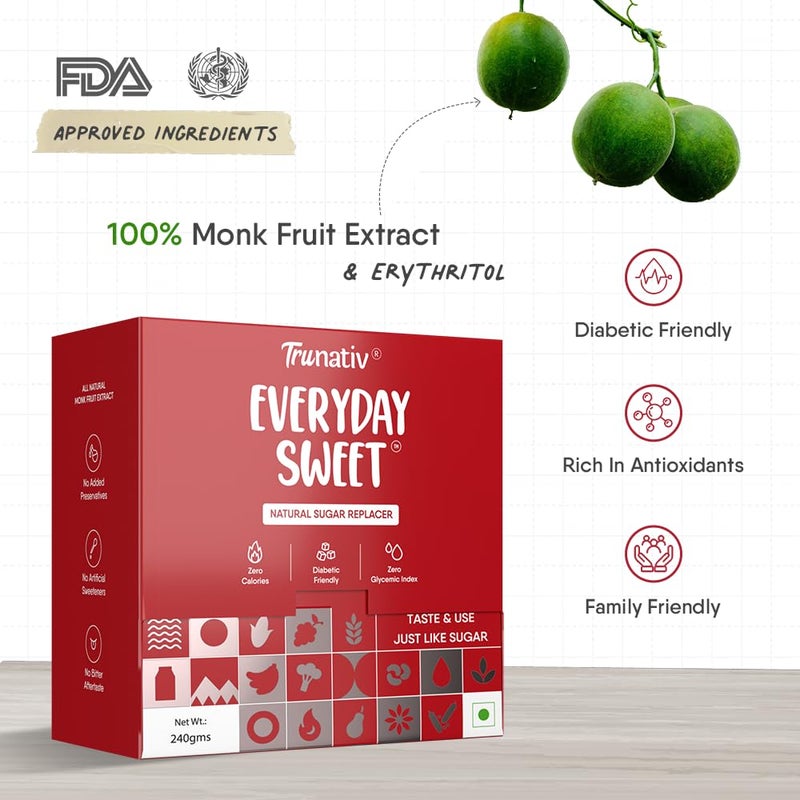 Trunativ Everyday Sweet | Monkfruit Sweetener Powder | Zero-Calorie Sugar Substitute | 1:1 Sugar Replacer for Cooking & Baking | Keto & Diabetic Friendly | 60 Sachets-240g (Pack of 1) - Image 5